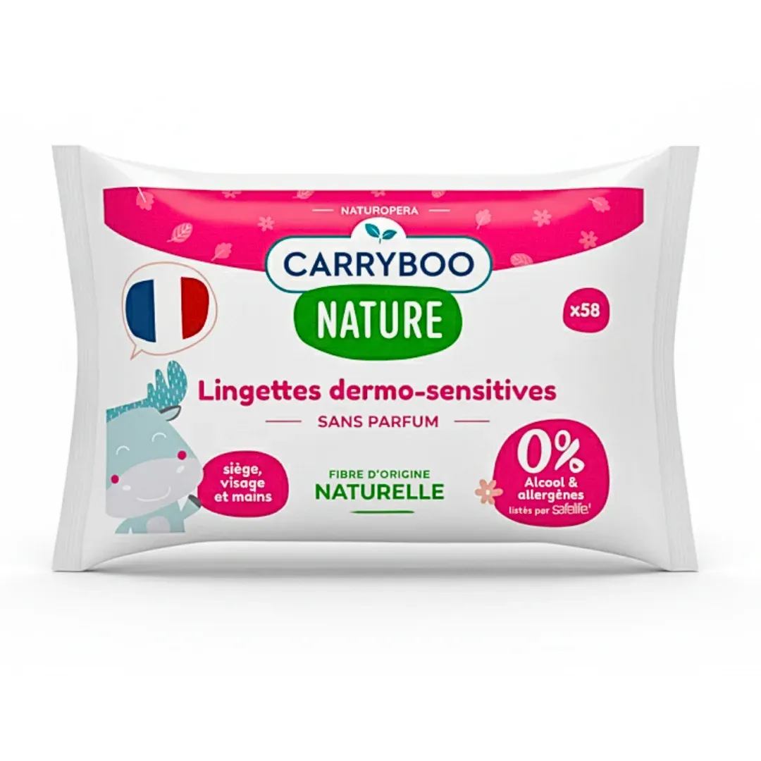 CARRYBOO Lingettes Dermo-Sensitives Sans Parfums 58 Pièces