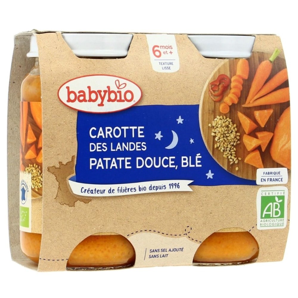 BABYBIO – Pots Bonne Nuit Carotte, Patate Douce et Ble 6mois+ Bio – 2x – 200g