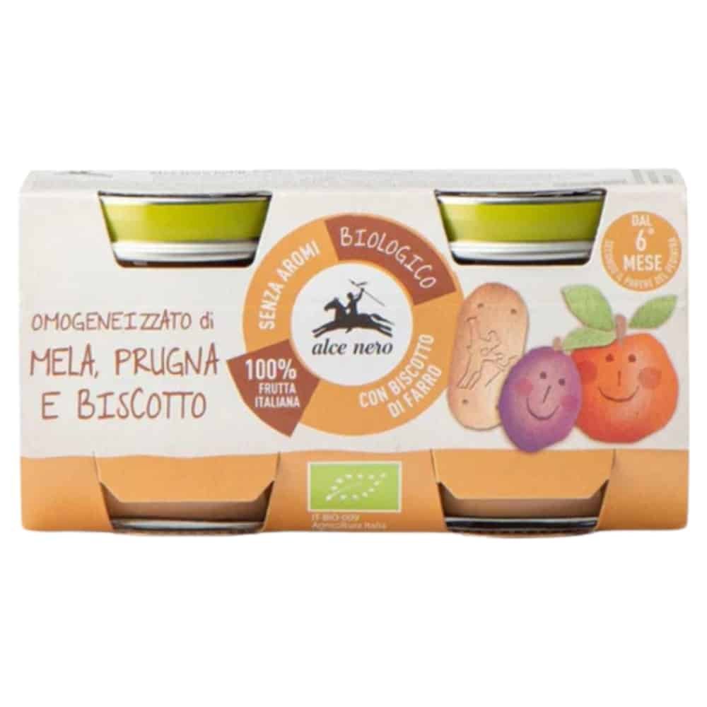 Alce Nero Pots de Pomme, Prune et Biscuit 6mois+ Bio – 2x 80 g