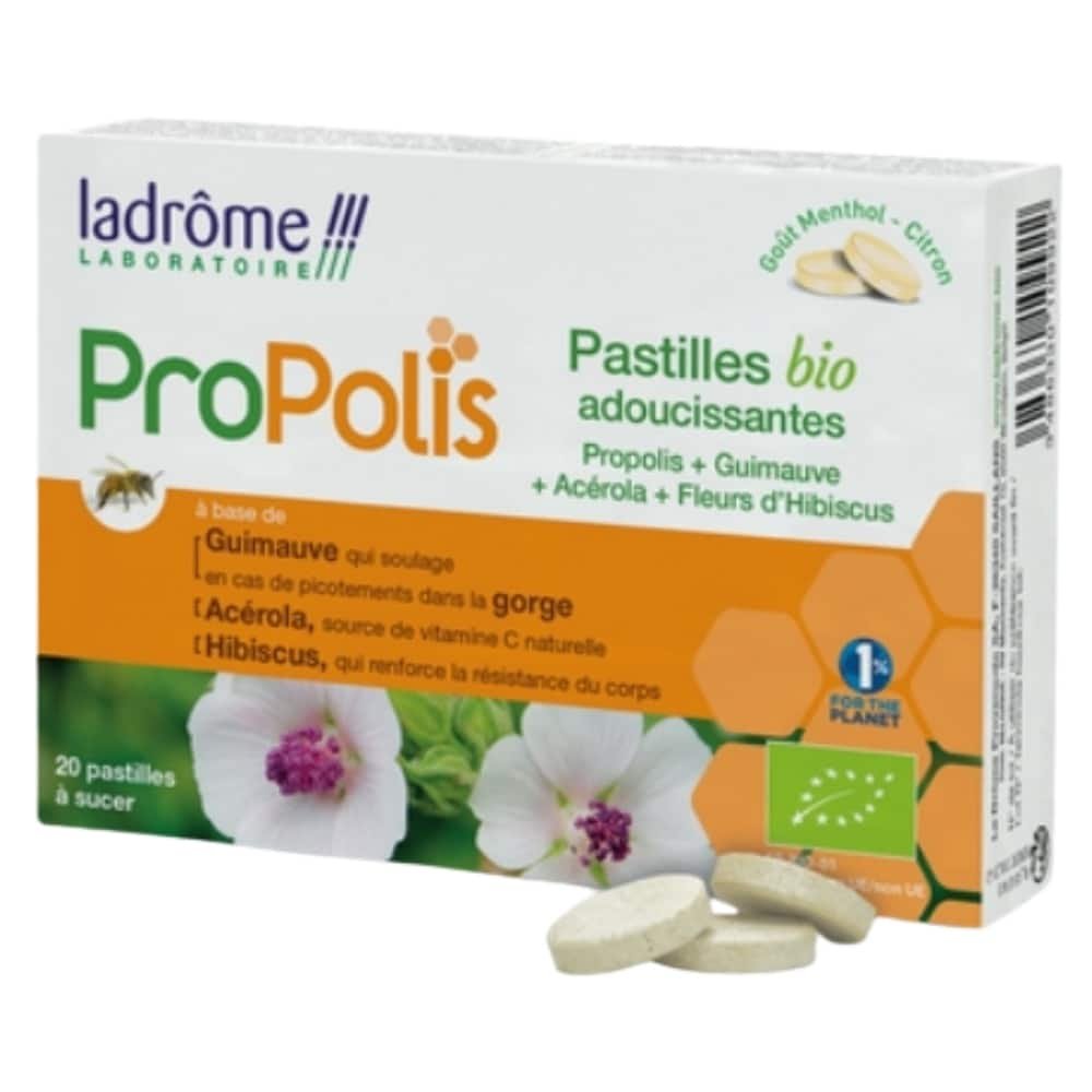 Ladrome Propolis Adoucissante Guimauve, Acérola et Hibiscus Bio 20 pastilles