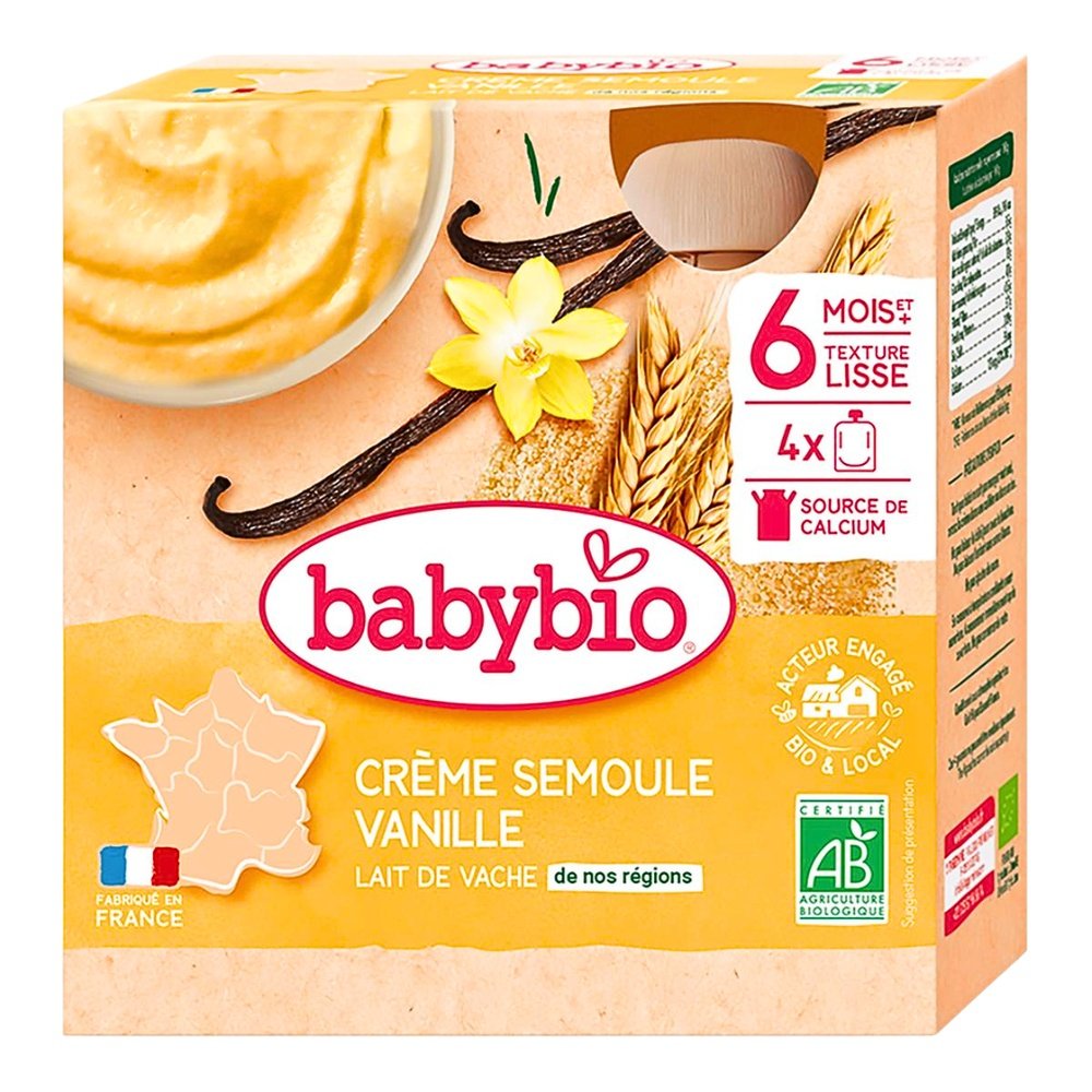 BABYBIO – Gourde Creme Semoule Vanille – 4*85g