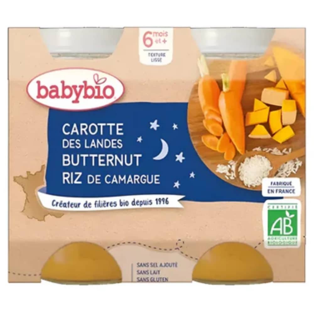 BABYBIO – Pots Bonne Nuit Carotte, Butternut et Riz 6mois+ Bio – 2x – 200g