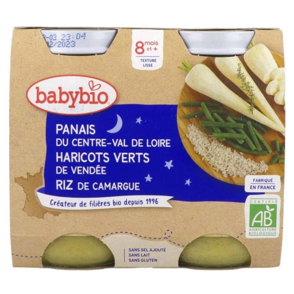 BABYBIO – Pots Bonne Nuit Panais, Haricots Verts et Riz 8mois+ Bio – 2x – 200g